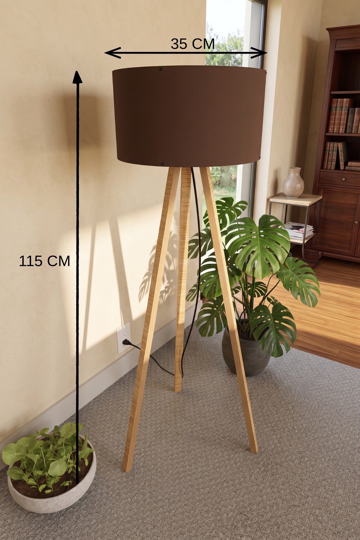 3 Ayaklı Tripod Lambader Kahverengi Kumaş Başlık — GÖKDAĞ GROUP