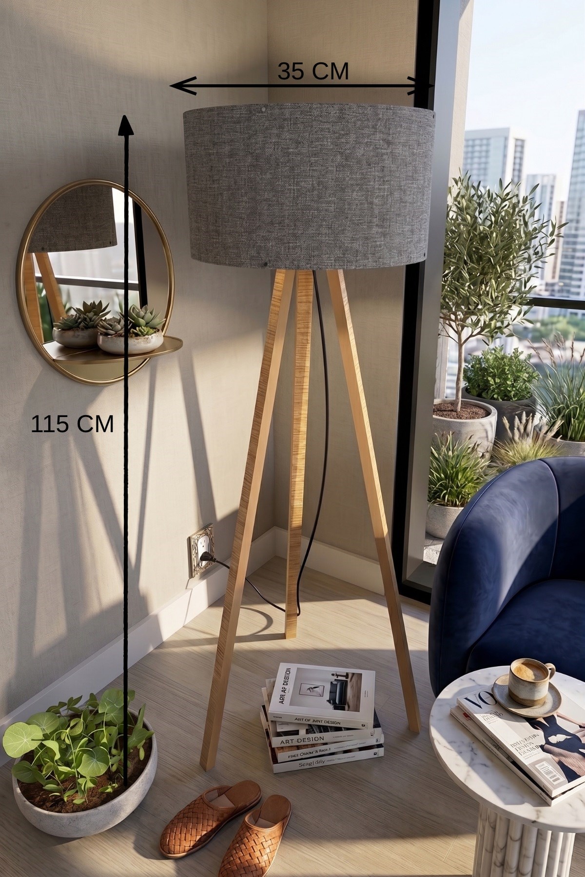 3 Ayaklı Tripod Lambader Koyu Gri Kumaş Başlık — GÖKDAĞ GROUP