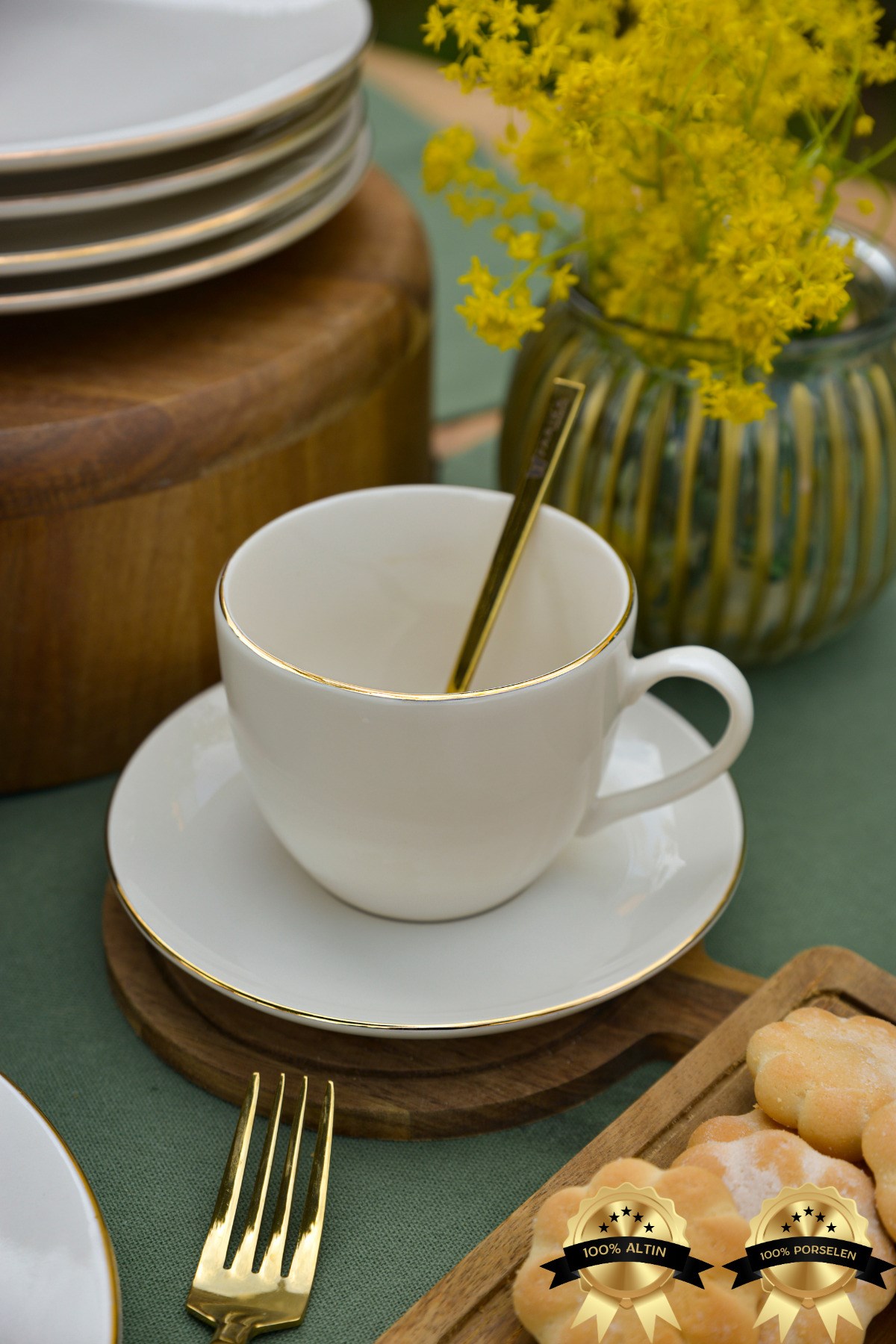 Şems 4 Parça 2 Kişilik Altın Yaldız Porselen Çay Fincan Takımı