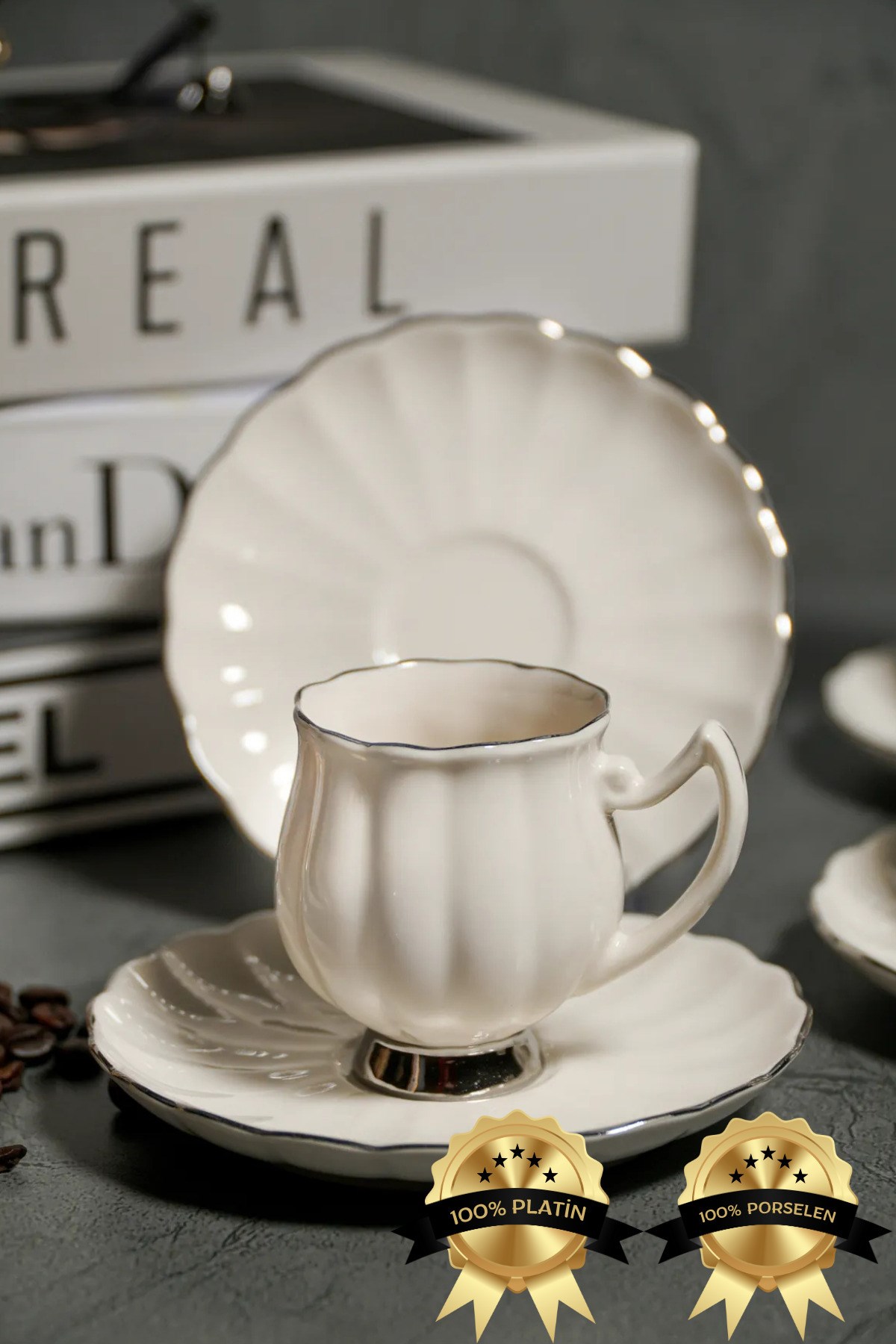 Lale 12 Parça 6 Kişilik Platin Yaldız 80 ml Porselen Kahve Fincan Takımı