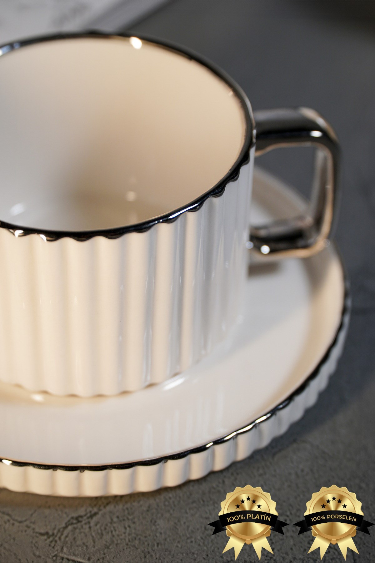 Satürn 4 Parça 2 Kişilik Platin Yaldız Porselen Çay Fincan Seti