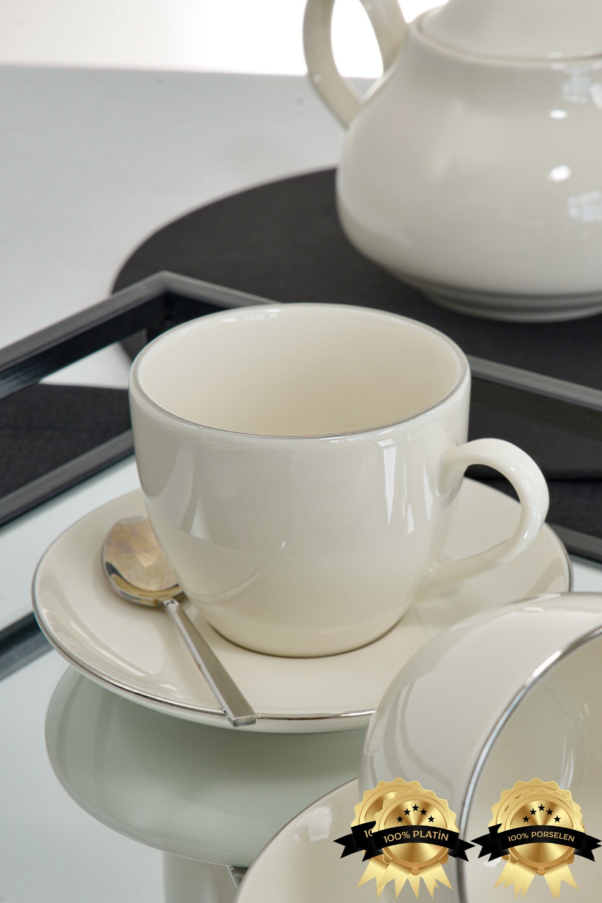 Şems 4 Parça 2 Kişilik Platin Yaldız Porselen Çay Fincan Takımı