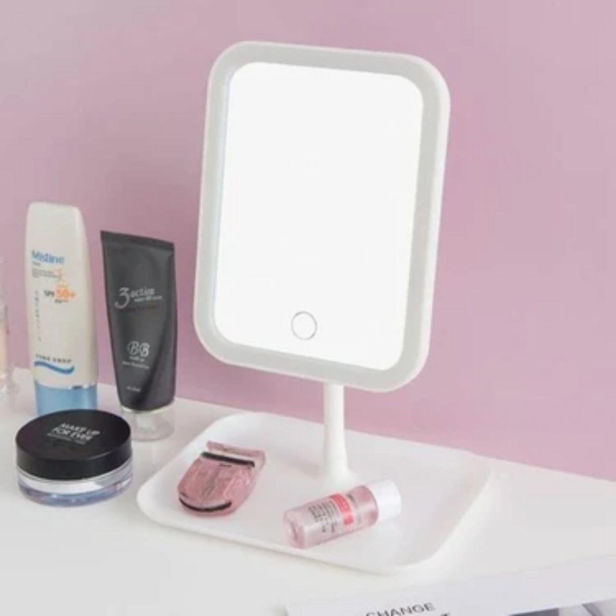 BUFFER® Dokunmatik LED Işıklı Kare Makyaj Aynası – Altı Organizer Kaseli, Ayarlanabilir Aydınlatmalı Masaüstü Makyaj ve Cilt Bakım Aynası