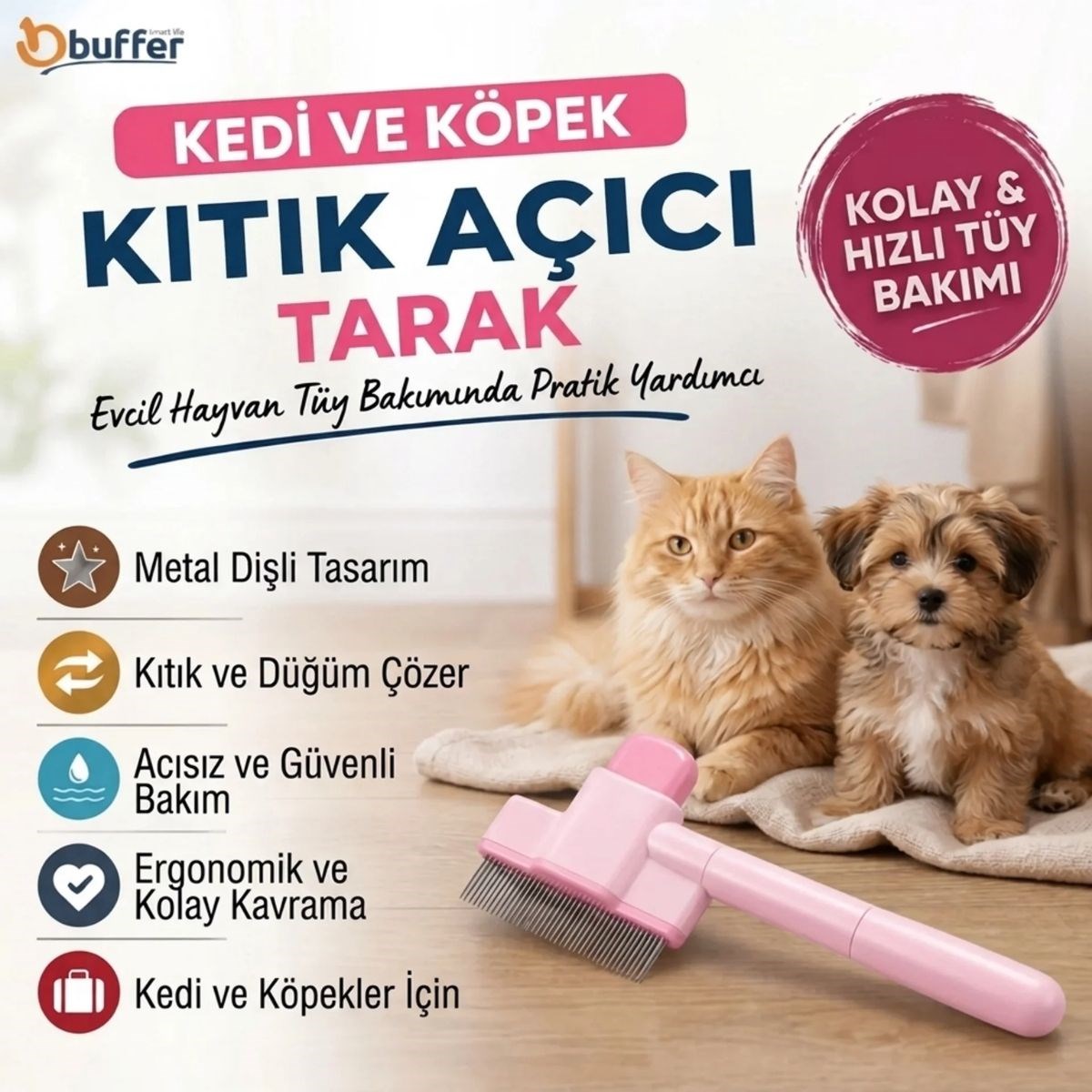 Kedi Köpek Kıtık Açıcı Tarak Tek Taraflı Metal Dişli Ergonomik Saplı Evcil Hayvan Tüy Bakım Tarağı