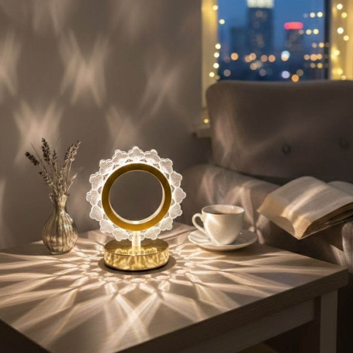 Güneş Şeklinde Kristal LED Masa Lambası – Dokunmatik, 3 Renk Işık Modlu, Şarjlı Mini Dekoratif Gece Lambası — Veyo