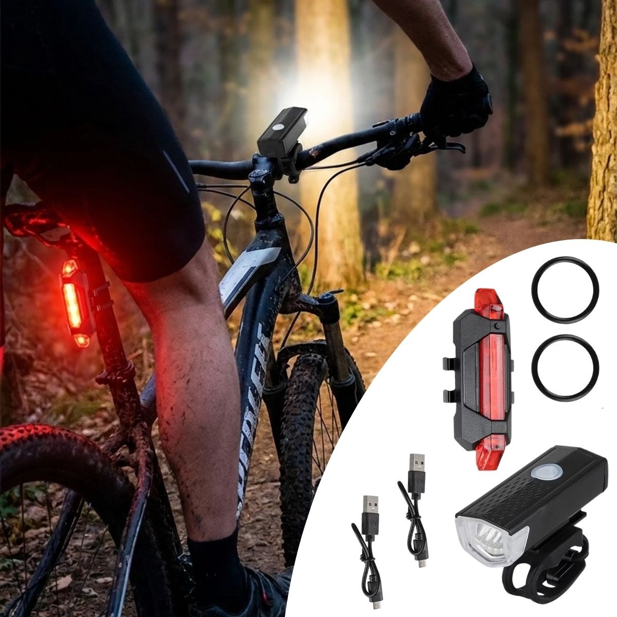 Bisiklet Işık Seti – USB Şarjlı LED Ön Far + Arka Stop Lambası, Su Geçirmez Bisiklet Aydınlatma Seti — Veyo