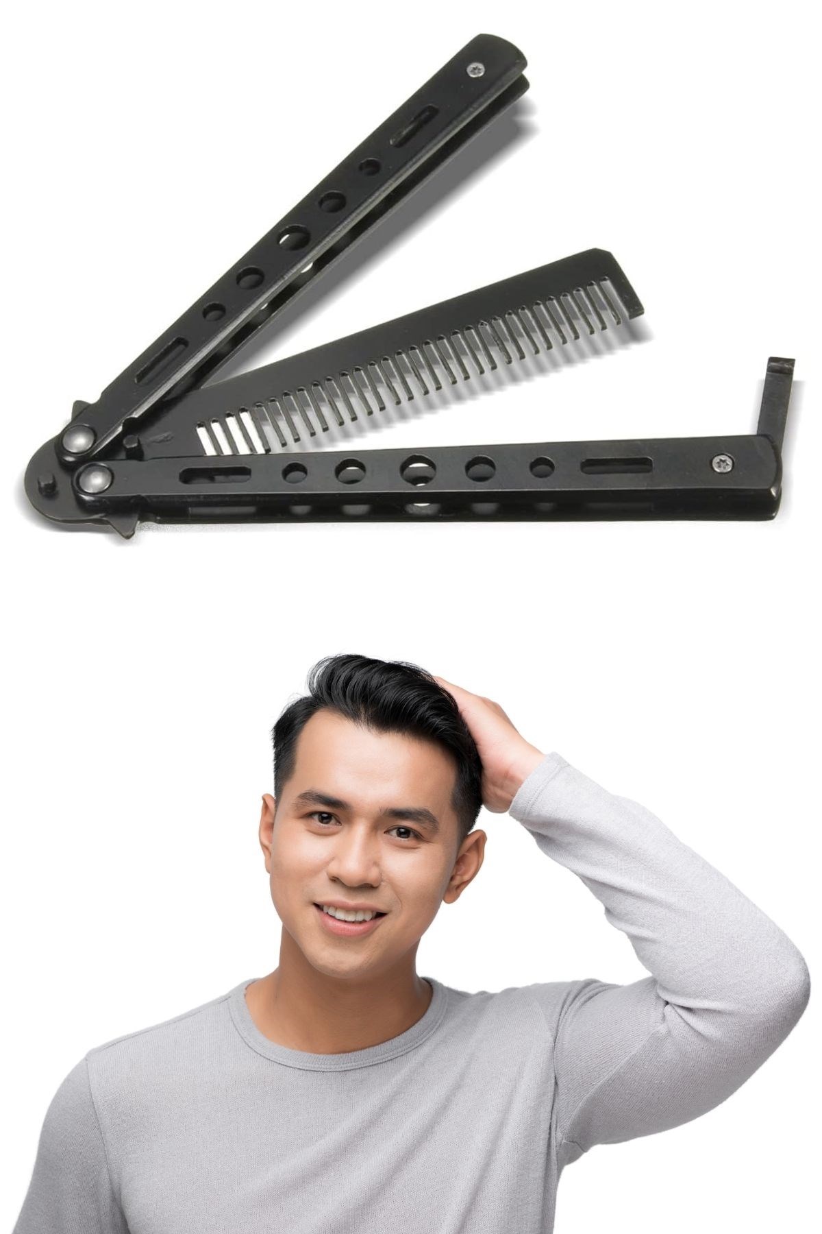 BUFFER® Siyah Katlanabilir Paslanmaz Çelik Kelebek Bıçak Tarak Sakal Bıyık Fırçası Profesyonel Saç Kesimi İçin Tarak