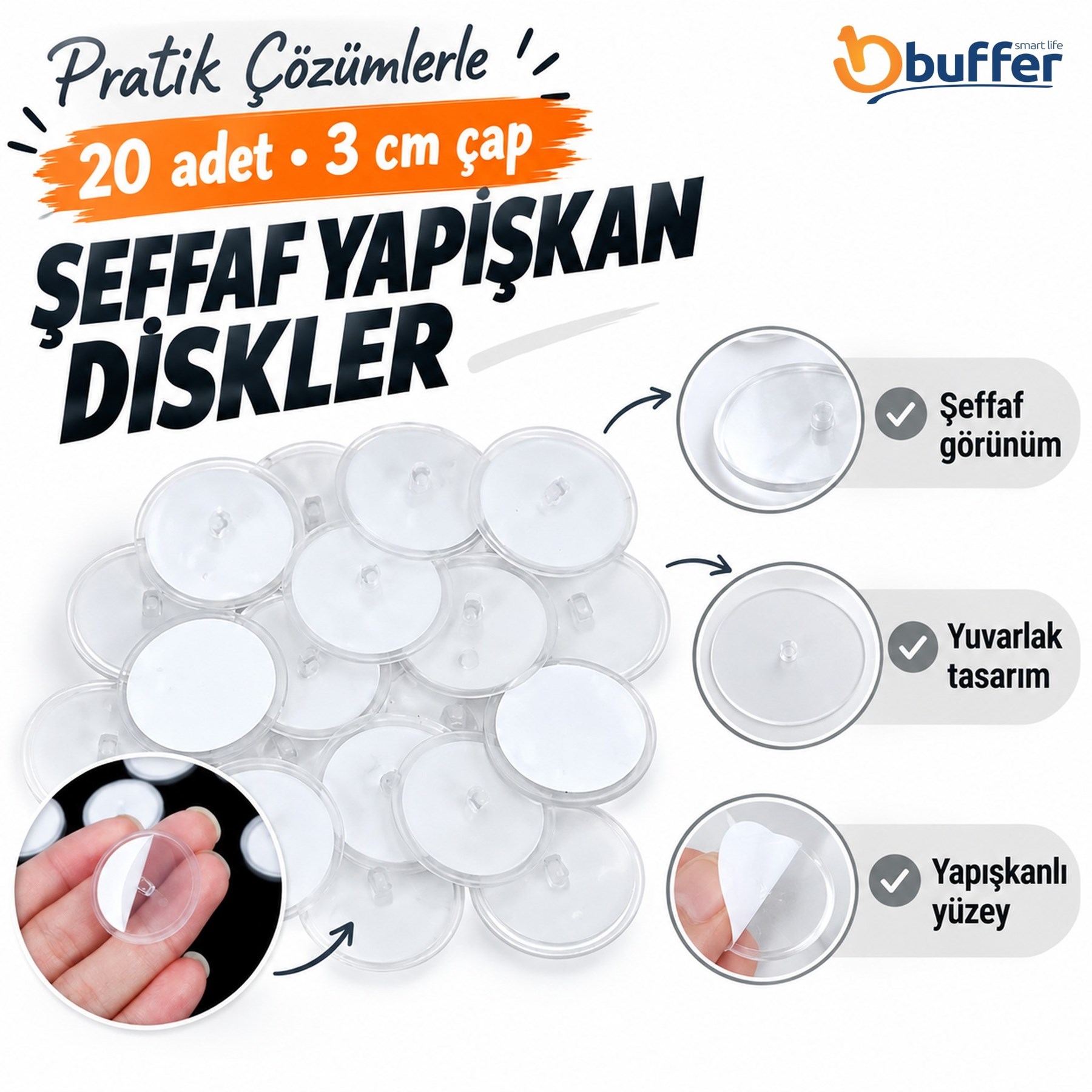 ANKAVERSE® 20'li Şeffaf Güçlü Yapışkan Diskler - 3 cm