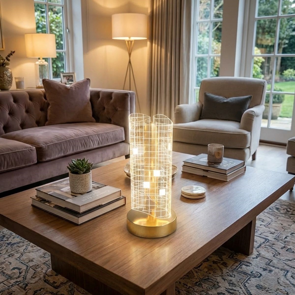 Dalgalı Silindirik Kristal Kareli Model LED Masa Lambası – Gold Tabanlı, Dokunmatik, 3 Renk Işık Modlu, Şarjlı Modern Dekoratif Gece Lambası — Veyo — görsel 4