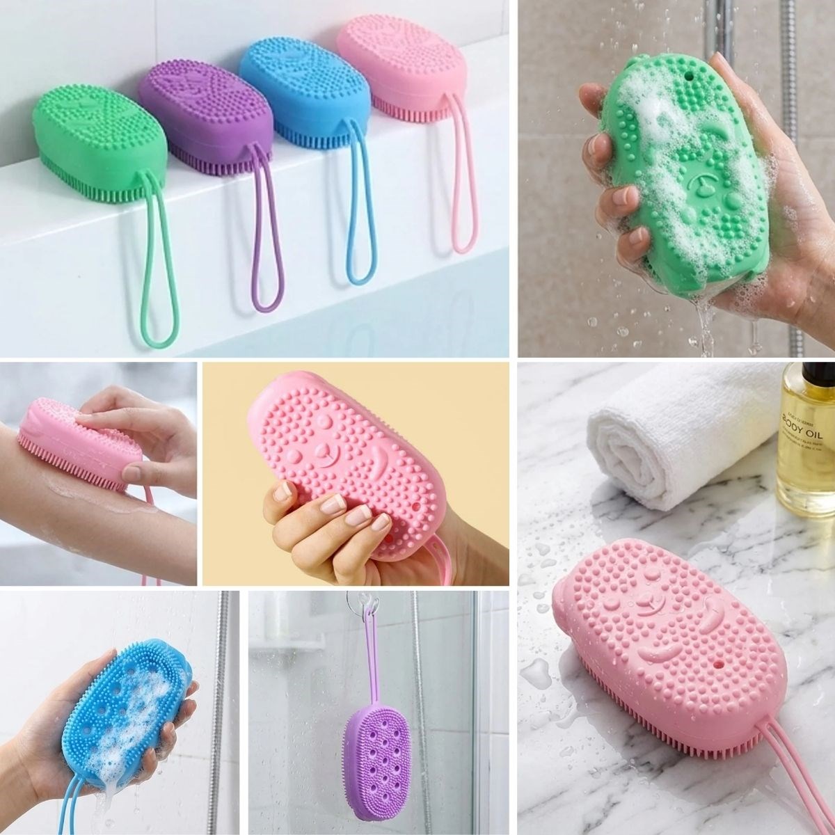 Peeling Etkili Süngerli Silikon Banyo Lifi – Asma Kancalı Duş Kesesi — Veyo — görsel 3