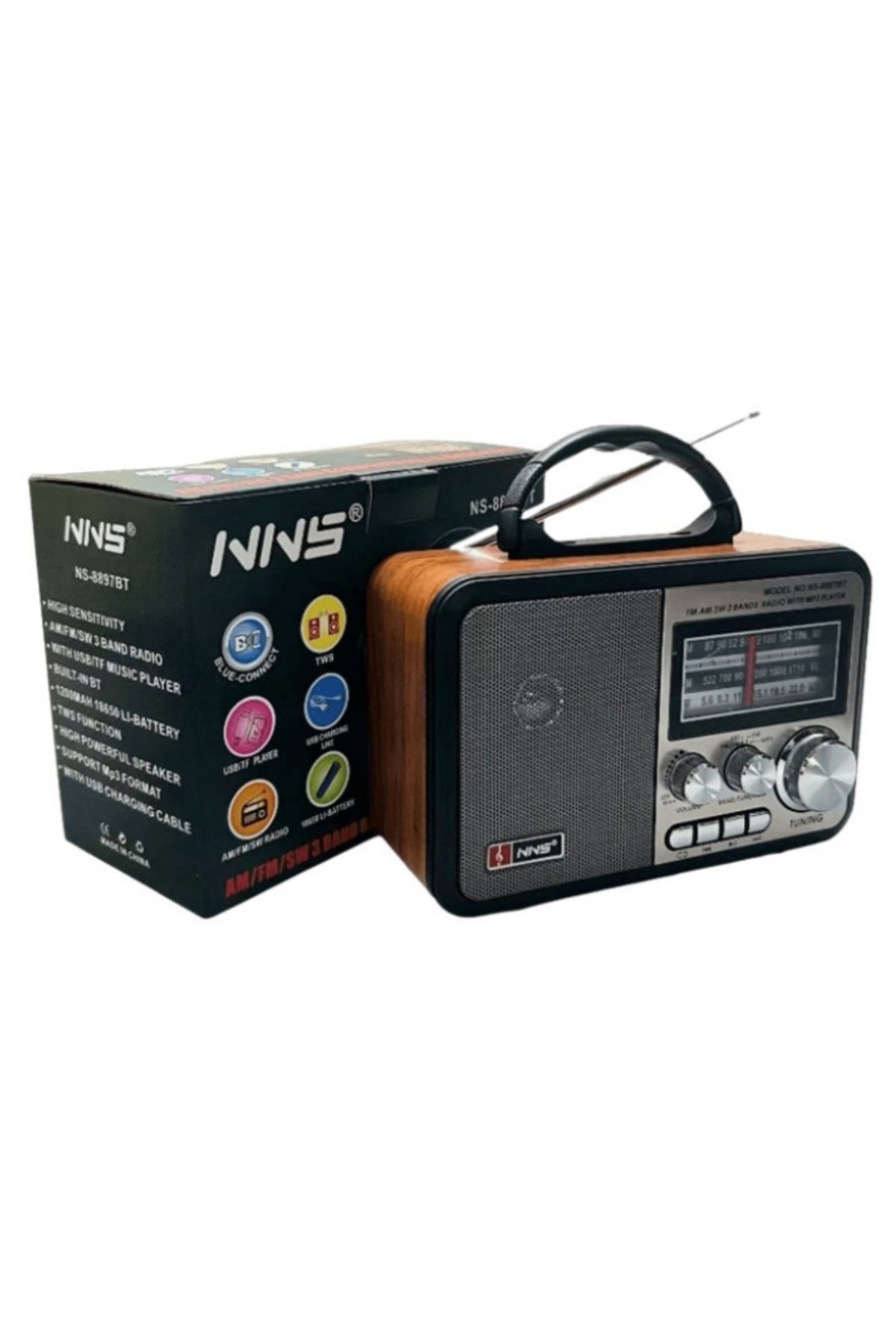 Orta Boy Retro, Nostaljik, Ahşap Tasarım Bluetooth Hoparlörlü, Şarjlı, Taşınabilir FM/AM Destekli Radyo NS-8897 — Veyo — görsel 6