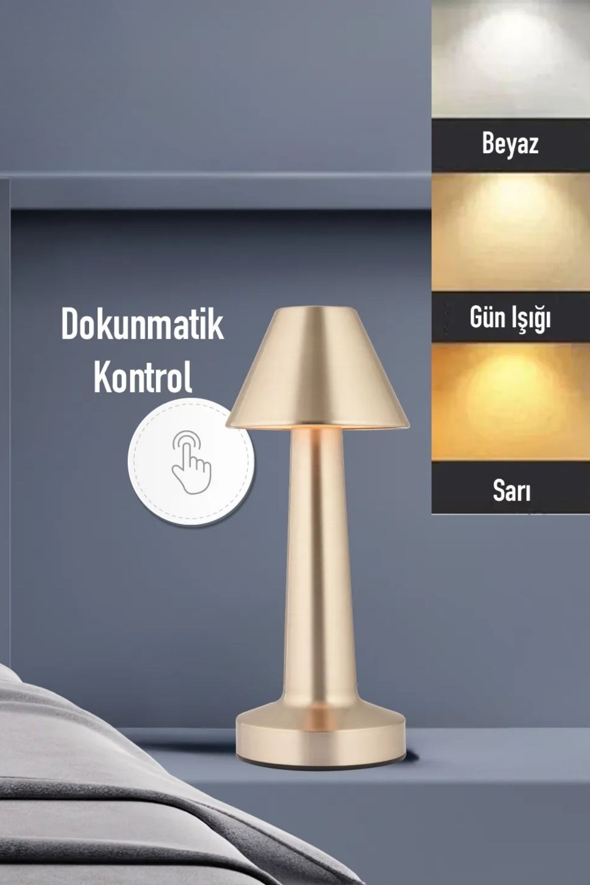 Çatı Model Gold Renk Şarjlı Dokunmatik 3 Renkli LED Masa Lambası — Veyo — görsel 7