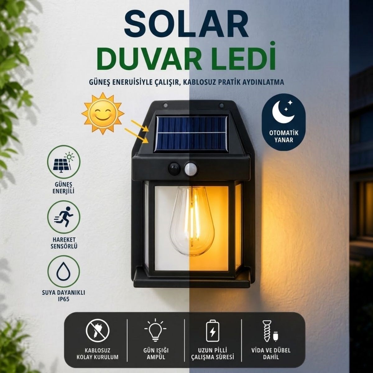 Ampul Model Solar LED Duvar Aplik Hareket Sensörlü Güneş Enerjili Kablosuz Dış Mekân Bahçe Lambası
