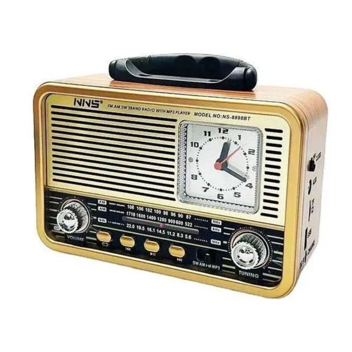 Retro Ahşap Tasarım Saat Göstergeli Bluetooth Hoparlörlü FM AM Radyo Şarjlı Taşınabilir Hediyelik