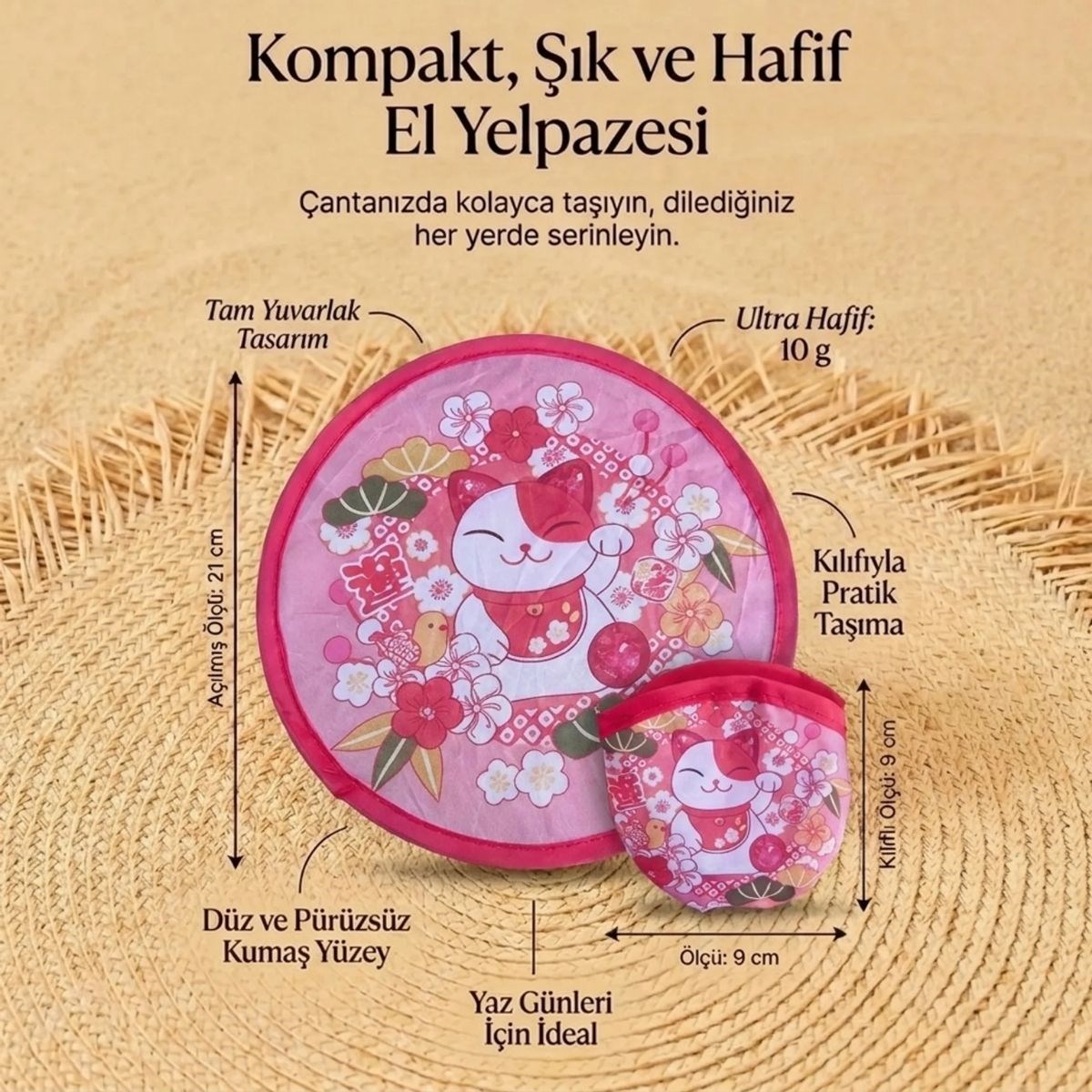 Şanslı Kedi (Maneki Neko) Desenli Pratik Katlanabilir El Yelpazesi – Japon Stili Kılıflı Yuvarlak Pratik Otomatik Açılıp Kapanan Cep Yelpazesi — Veyo — görsel 5