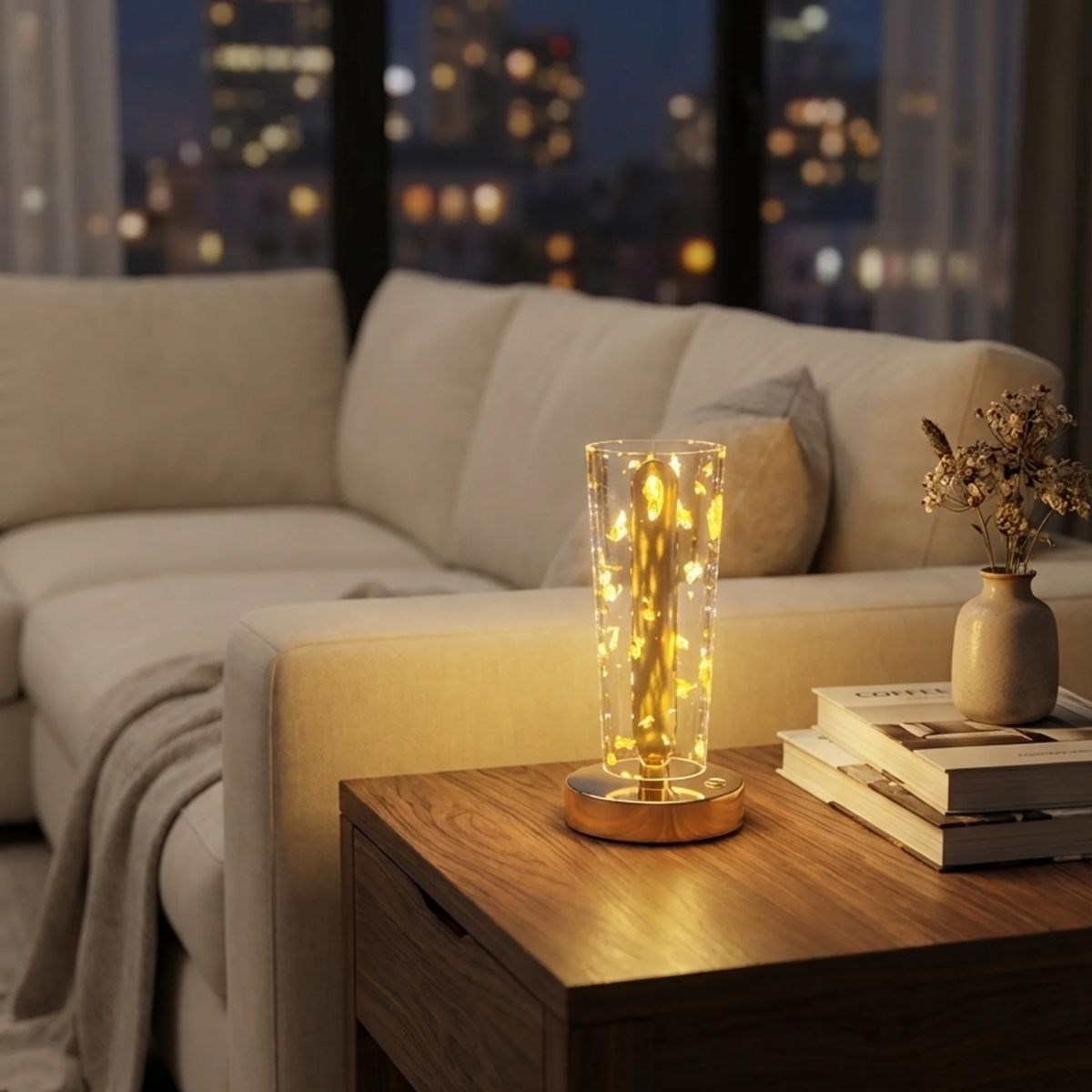 Silindirik Kristal Altın Toz Model LED Masa Lambası – Gold Tabanlı, Dokunmatik, 3 Renk Işık Modlu, Şarjlı Modern Dekoratif Gece Lambası — Veyo
