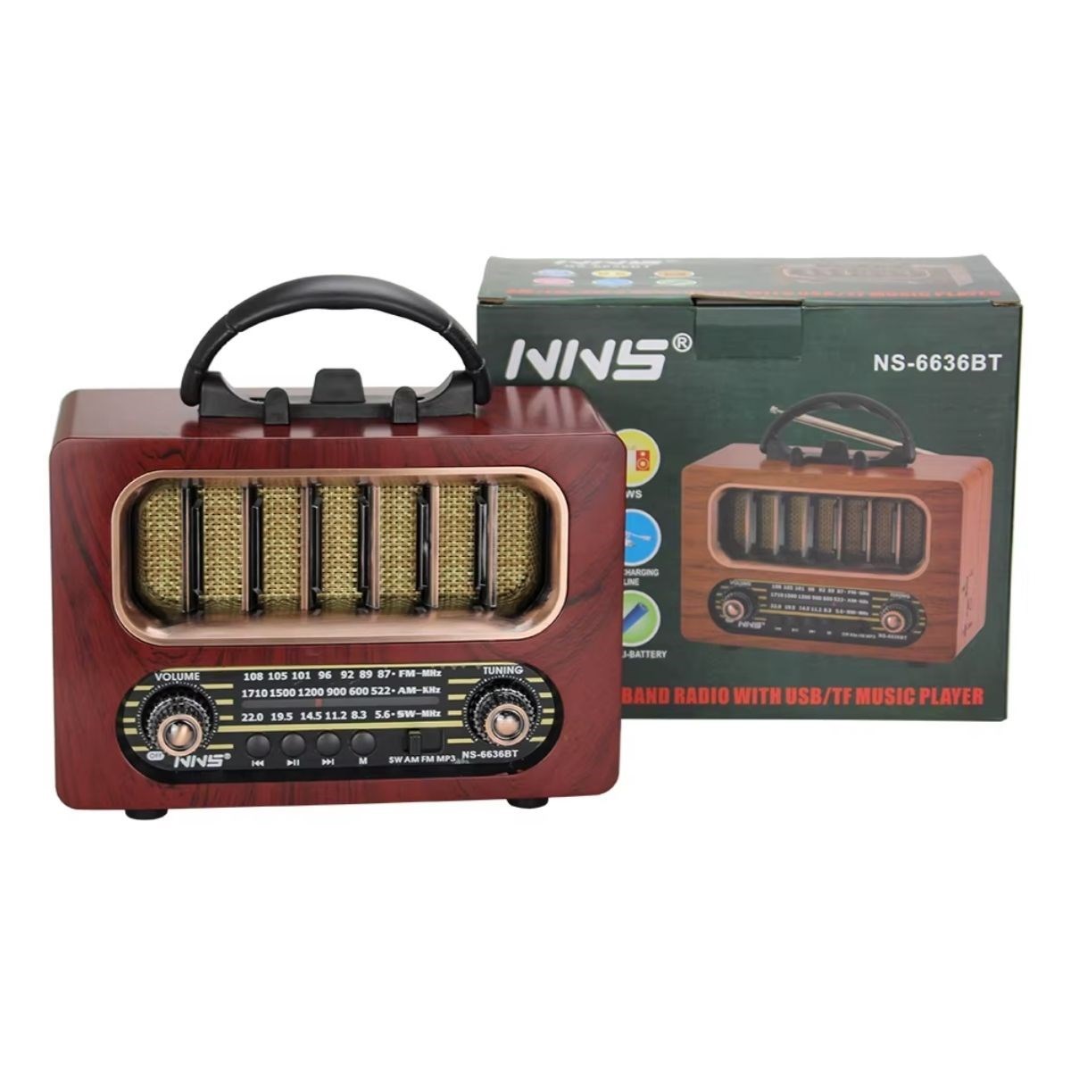 Orta Boy Retro Ahşap Tasarım Bluetooth Hoparlörlü Radyo – FM/AM Destekli, Şarjlı ve Taşınabiliri Radyo NS-6636 — Veyo — görsel 3