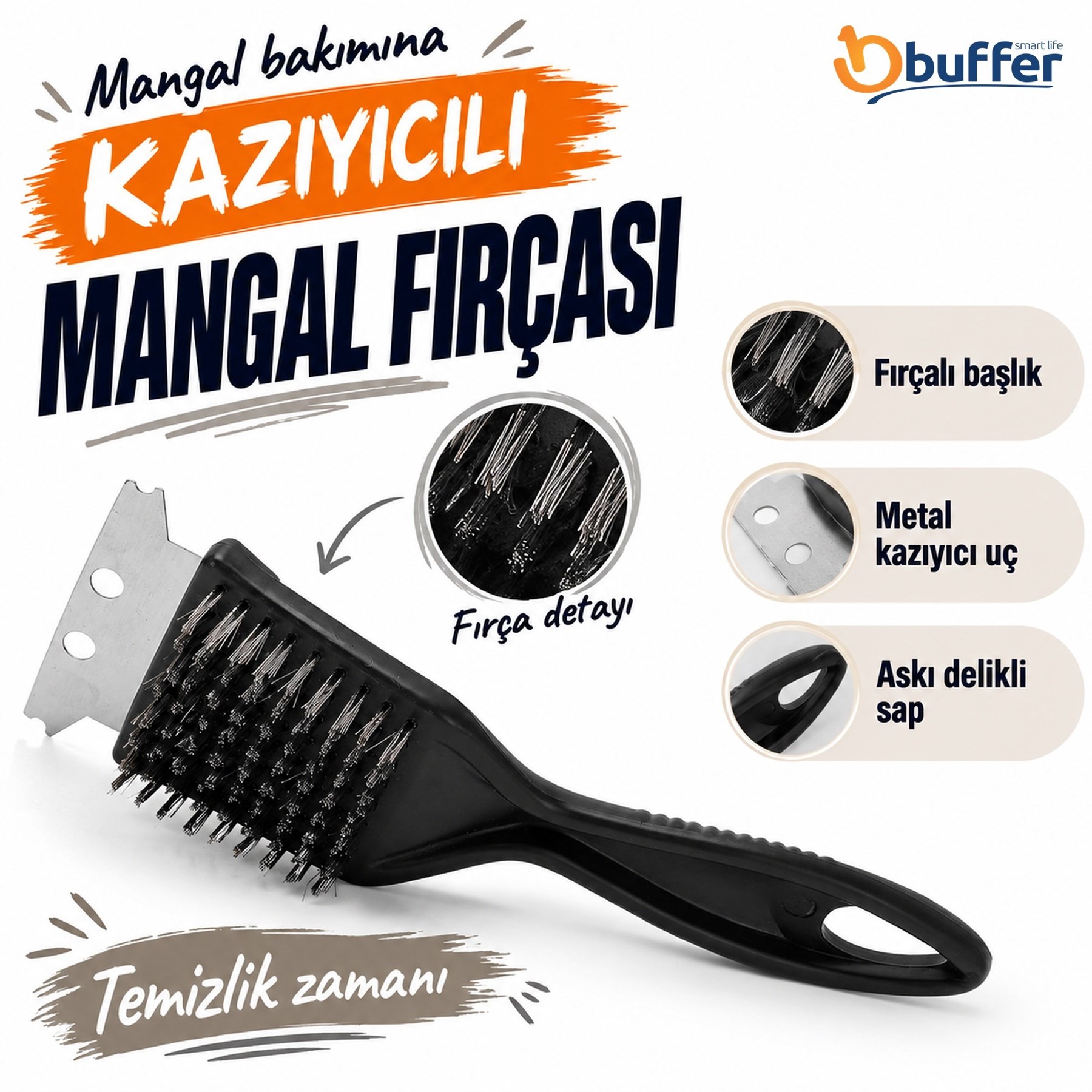 Kazıyıcılı Mangal Fırçası Paslanmaz Çelik Kıllı Izgara Temizleyici Ergonomik Saplı Bakım Aracı