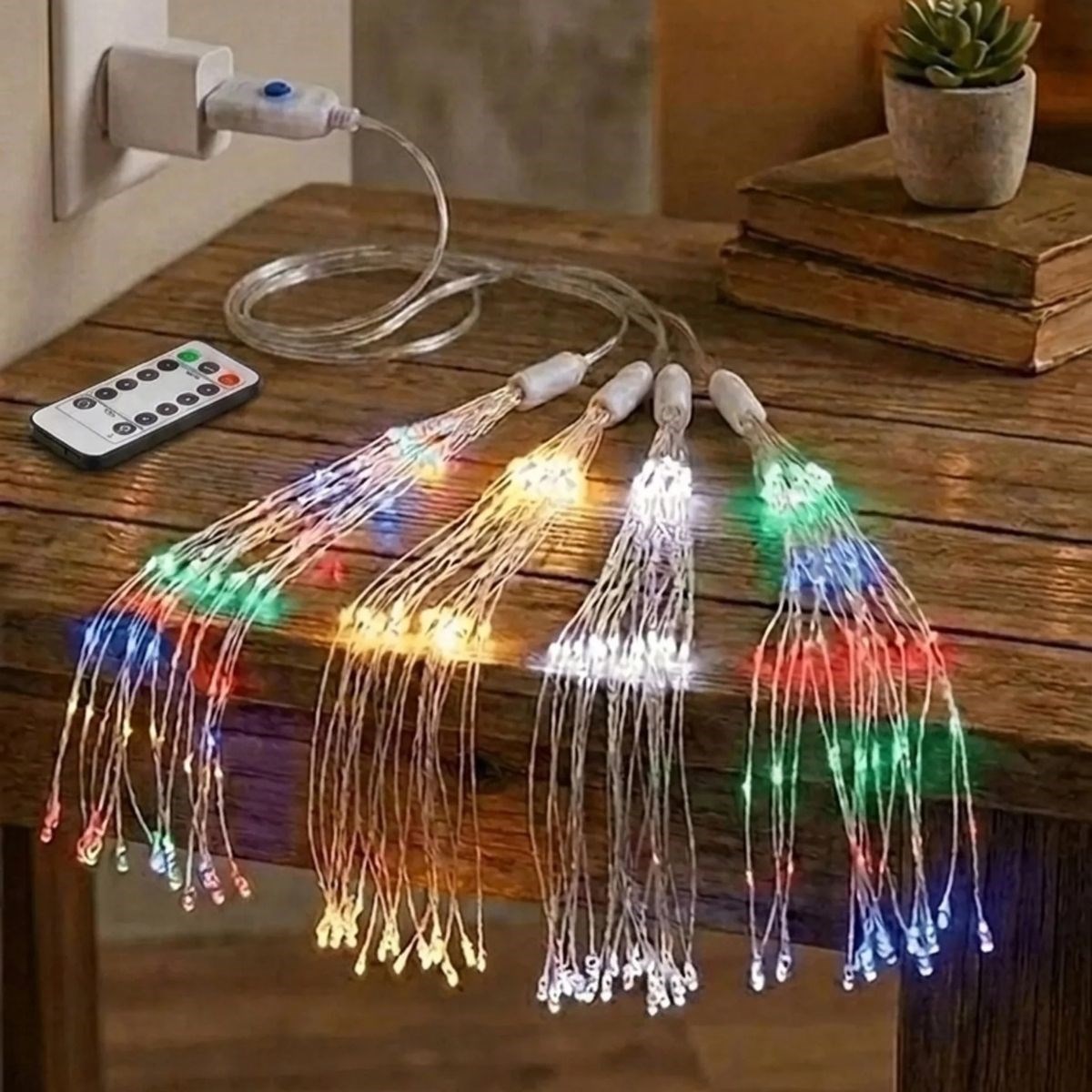 4’lü Açılır LED Işık Seti – 8 Farklı Işık Modlu, Kumandalı, USB Kablolu Renkli Dekoratif Fiber LED Lamba — Veyo