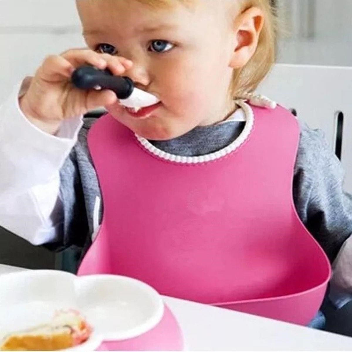 Çocuk Bebek Mama Önlüğü Dökülme Engelleyici Bükülebilir Pembe — Veyo