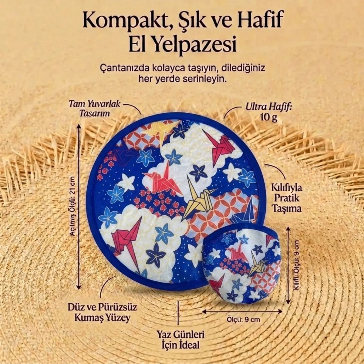 Origami Turna Kuşu Desenli Pratik Katlanabilir El Yelpazesi – Japon Stili Kılıflı Yuvarlak Otomatik Açılıp Kapanan Cep Yelpazesi — Veyo — görsel 5