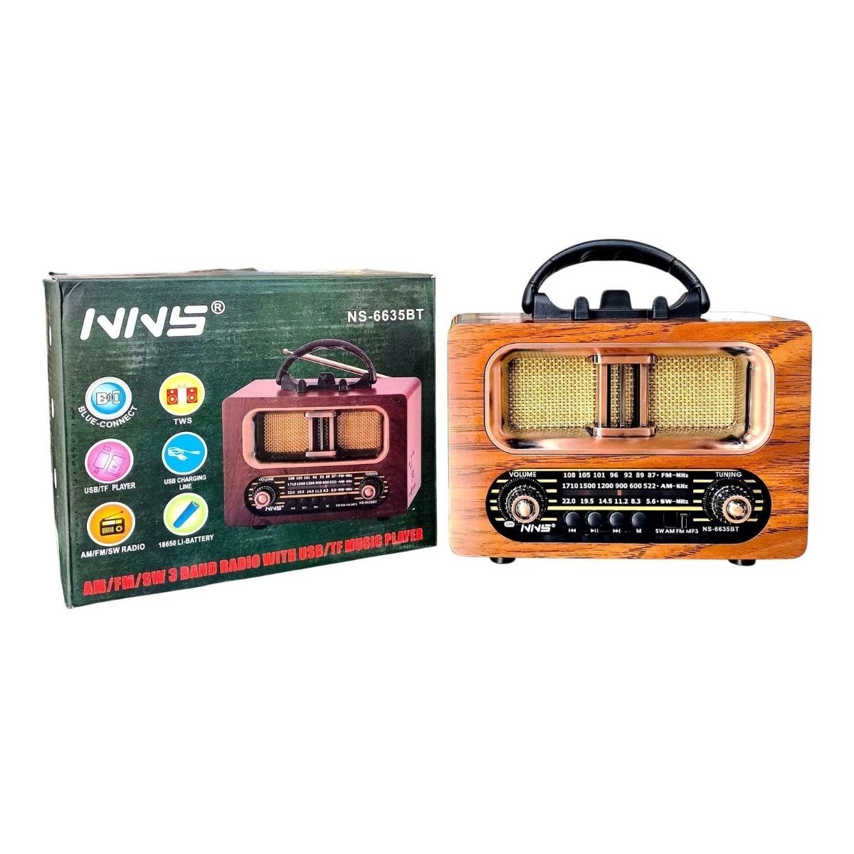 Büyük Boy Retro, Nostaljik, Ahşap Tasarım Bluetooth Hoparlörlü, Şarjlı, Taşınabilir FM/AM Destekli Radyo NS-6635 — Veyo — görsel 5