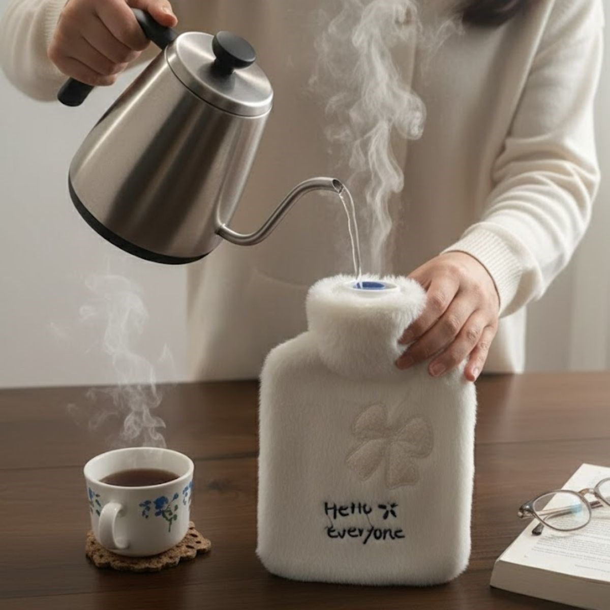 Hello Everyone Yazılı Kurdeleli Beyaz Peluş Sıcak Su Torbası 1 Lt – Yumuşak Kılıf, Uzun Süre Sıcak Tutan Termal Su Torbası — Veyo — görsel 3