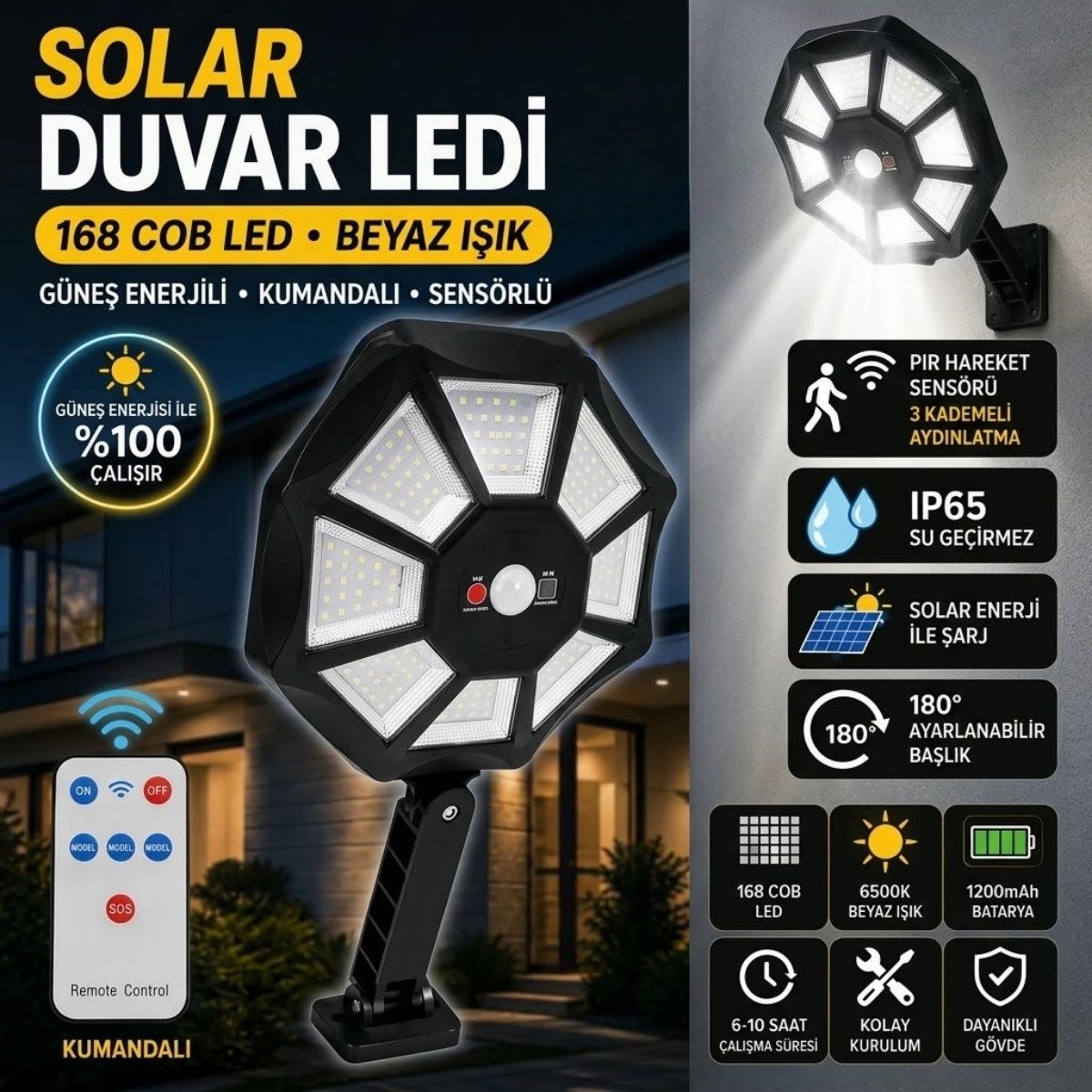Solar Duvar Lambası Hareket Sensörlü Kumandalı Kablosuz Su Geçirmez Dış Mekan LED Aydınlatma