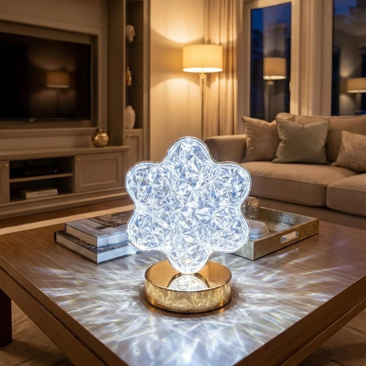 Çiçek Model Kristal LED Masa Lambası – Dokunmatik, 3 Renk Işık Modlu, Şarjlı Mini Dekoratif Gece Lambası — Veyo