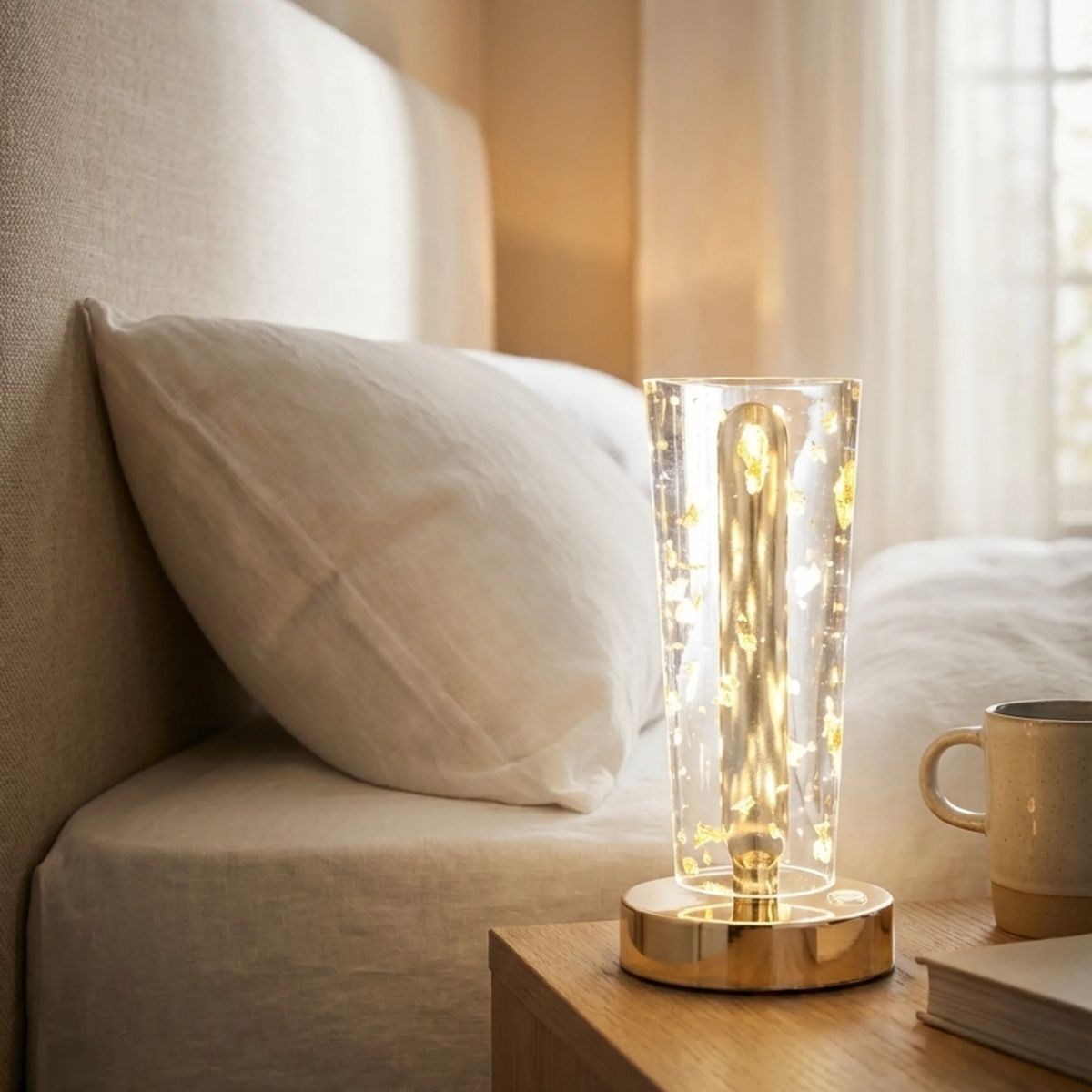 Silindirik Kristal Altın Toz Model LED Masa Lambası – Gold Tabanlı, Dokunmatik, 3 Renk Işık Modlu, Şarjlı Modern Dekoratif Gece Lambası — Veyo — görsel 4