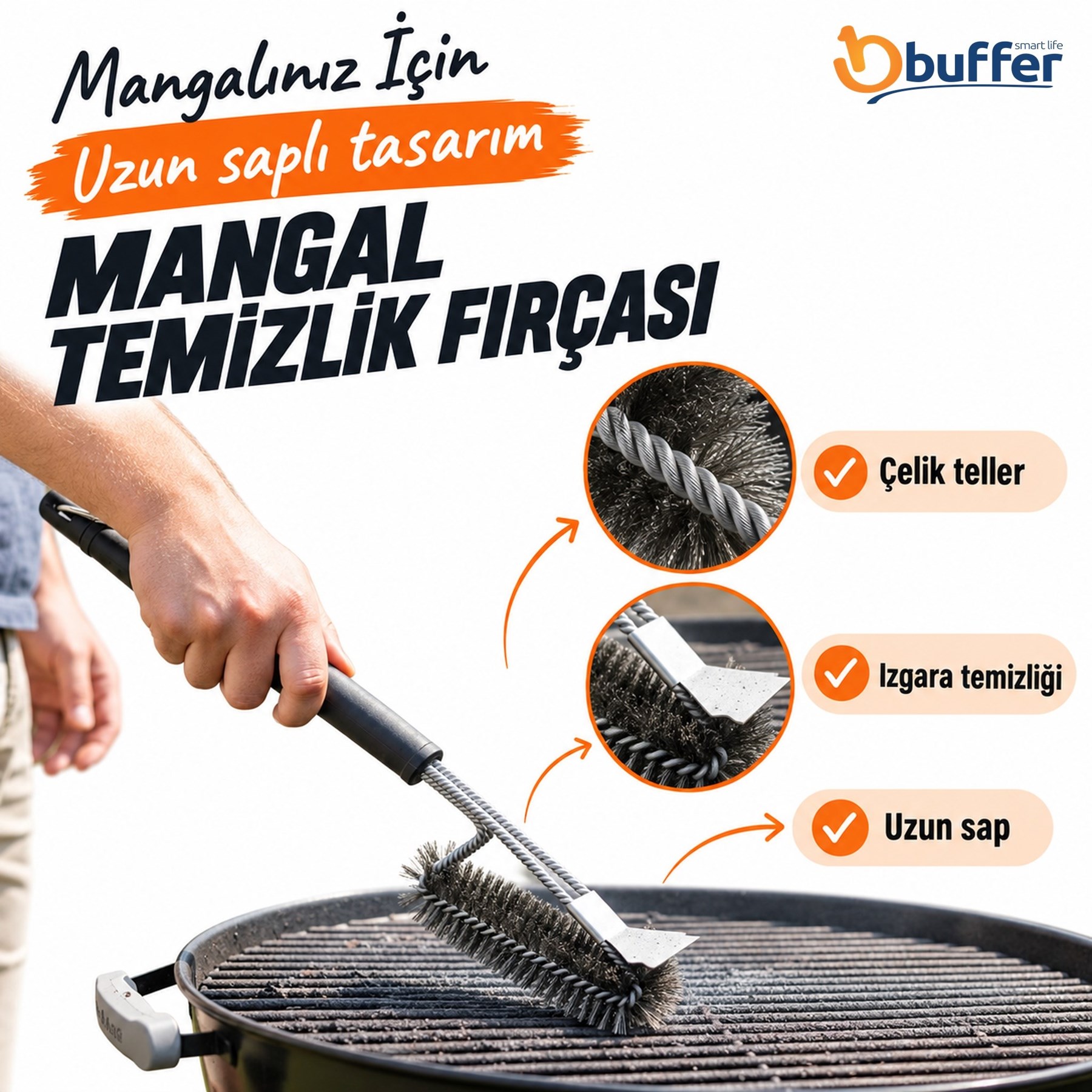 BUFFER® Mangal Izgara Temizleme Fırçası – Paslanmaz Çelik Telli, Uzun Saplı Grill Temizlik Aparatı Mangal Temizlik Fırçası
