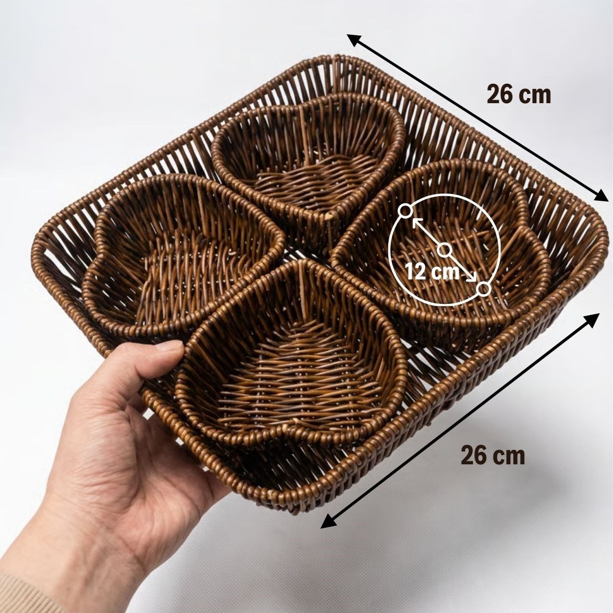 5 Parça,4 Kalp Formlu Plastik Rattan Sunum ve Kahvaltı Seti-Bölmeli Çerezlik ve Meyvelik-Doğal Hasır Görünümlü Tepsi ve Sunum Tabakları — Veyo — görsel 5