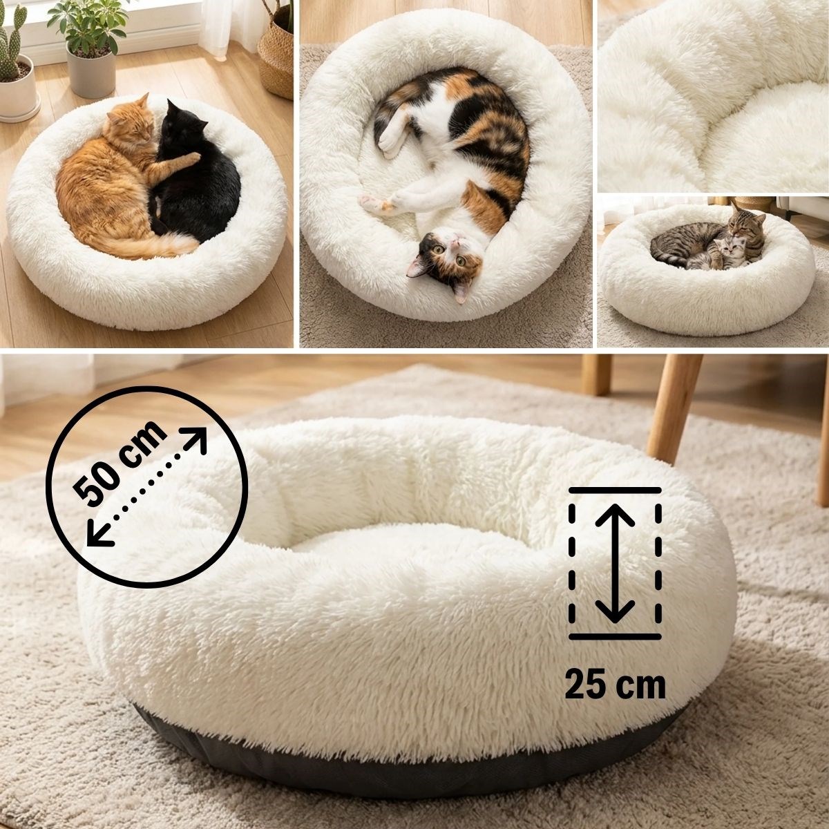 Yuvarlak Ultra Yumuşak Welsoft Peluş Kedi ve Köpek Yatağı – Kaymaz Taban Tüylü Pet Pufu,Uyku Minderi (krem) — Veyo — görsel 5