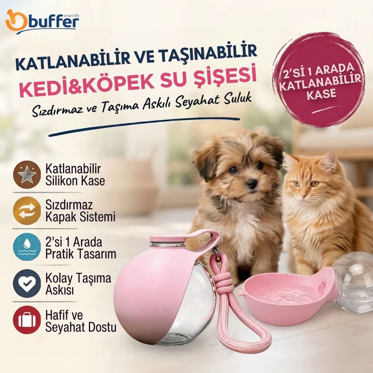 Kedi Köpek Su Şişesi Katlanabilir Kaseli 2si 1 Arada 285 ml Sızdırmaz Taşıma Askılı Seyahat Suluk