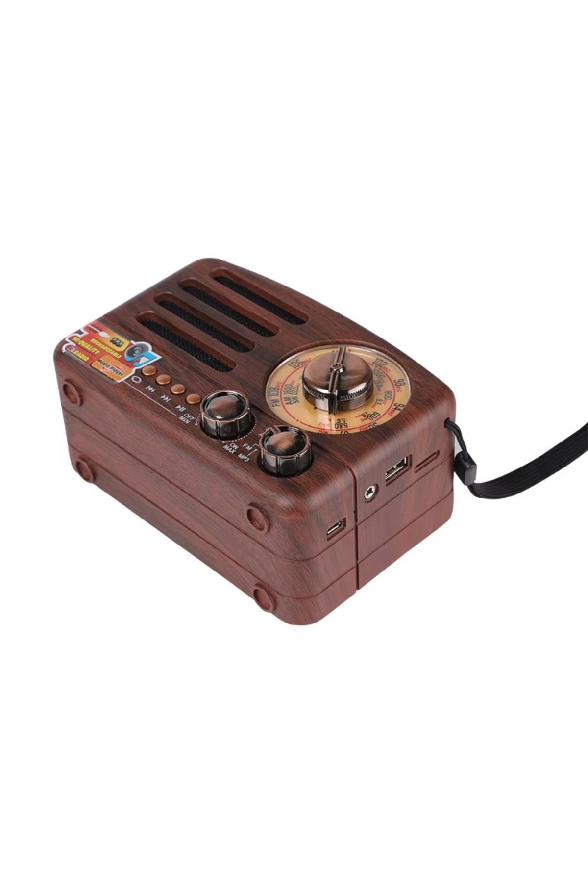 Küçük Boy Retro, Nostaljik, Ahşap Tasarım Bluetooth Hoparlörlü, Şarjlı, Taşınabilir Büyük Döndürülebilen Düğmeli FM/AM Destekli Radyo NS3380 — Veyo — görsel 8