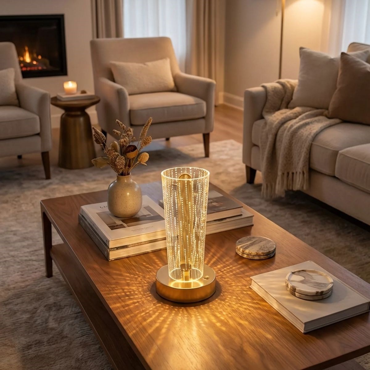 Silindirik Kristal Nokta Model LED Masa Lambası – Gold Tabanlı, Dokunmatik, 3 Renk Işık Modlu, Şarjlı Modern Dekoratif Gece Lambası — Veyo — görsel 2