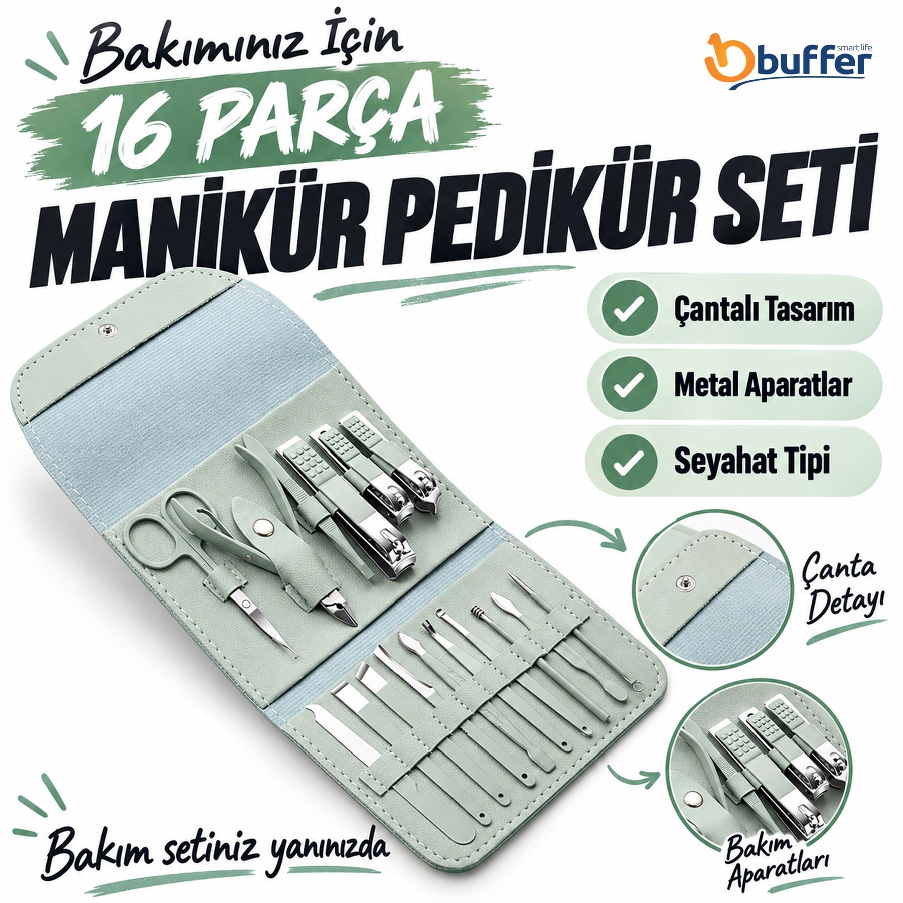 Çantalı Seyahat Tipi Manikür Pedikür Seti Paslanmaz Çelik Bakım Aparatları Kadın Erkek Kullanımı