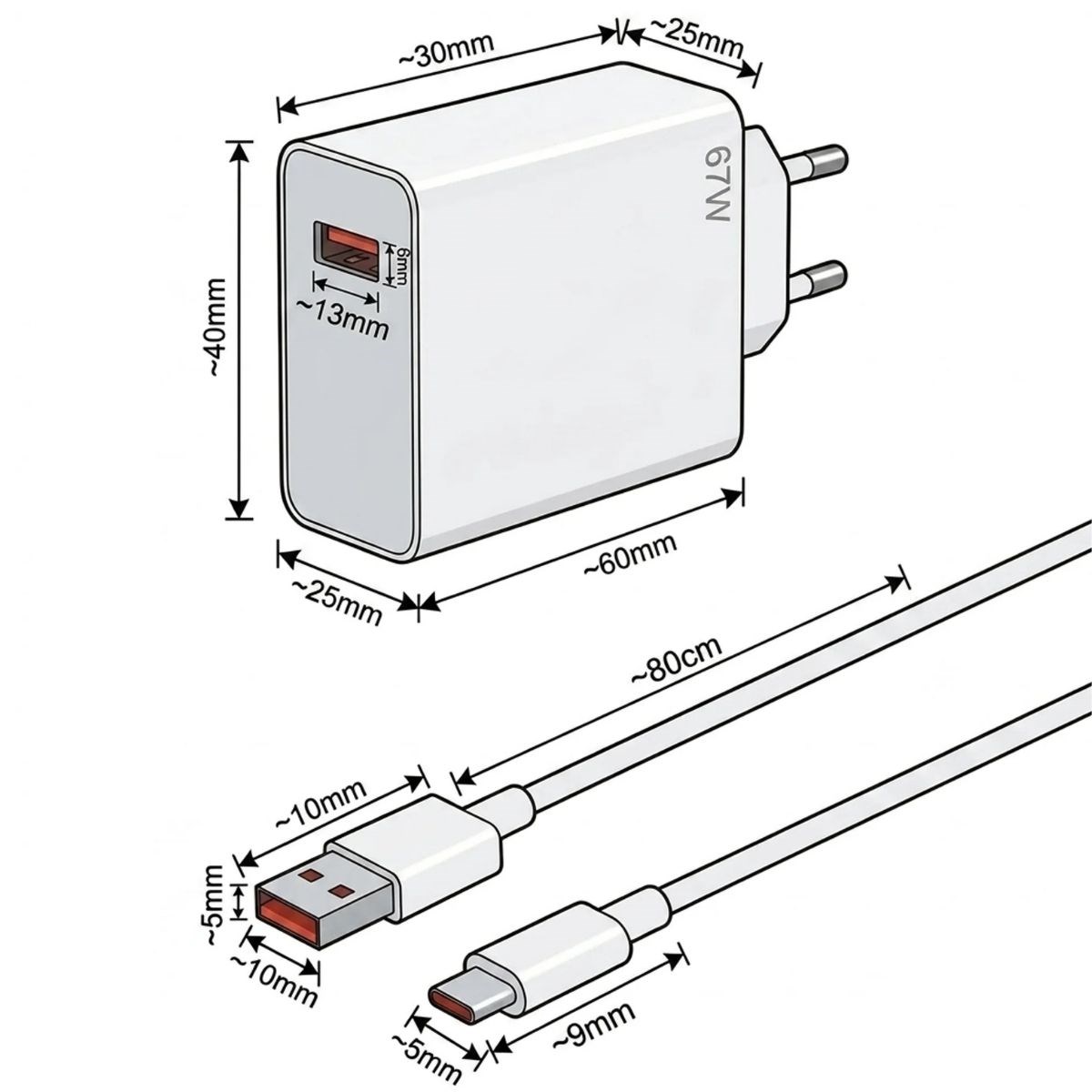 67W Hızlı Şarj Adaptörü USB to Type-C – PD Destekli, Akıllı Hızlı Şarj Başlığı, Güvenli Güç Adaptörü — Veyo — görsel 5