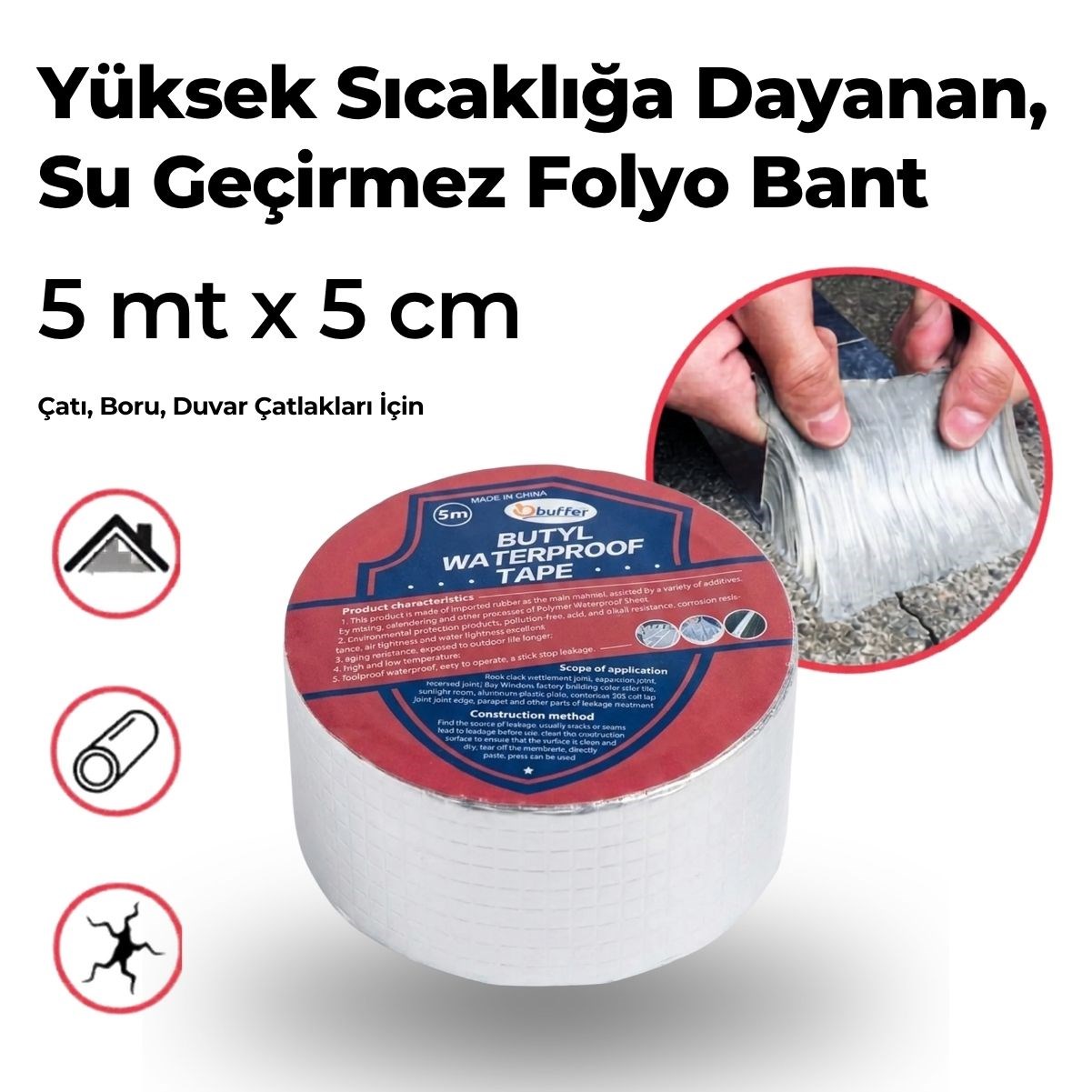 Yüksek Sıcaklık Dayanan Su Geçirmez Çatı Boru Duvar Çatlak Onarıcı Yapışkan Bant Folyo 5 cm — Veyo