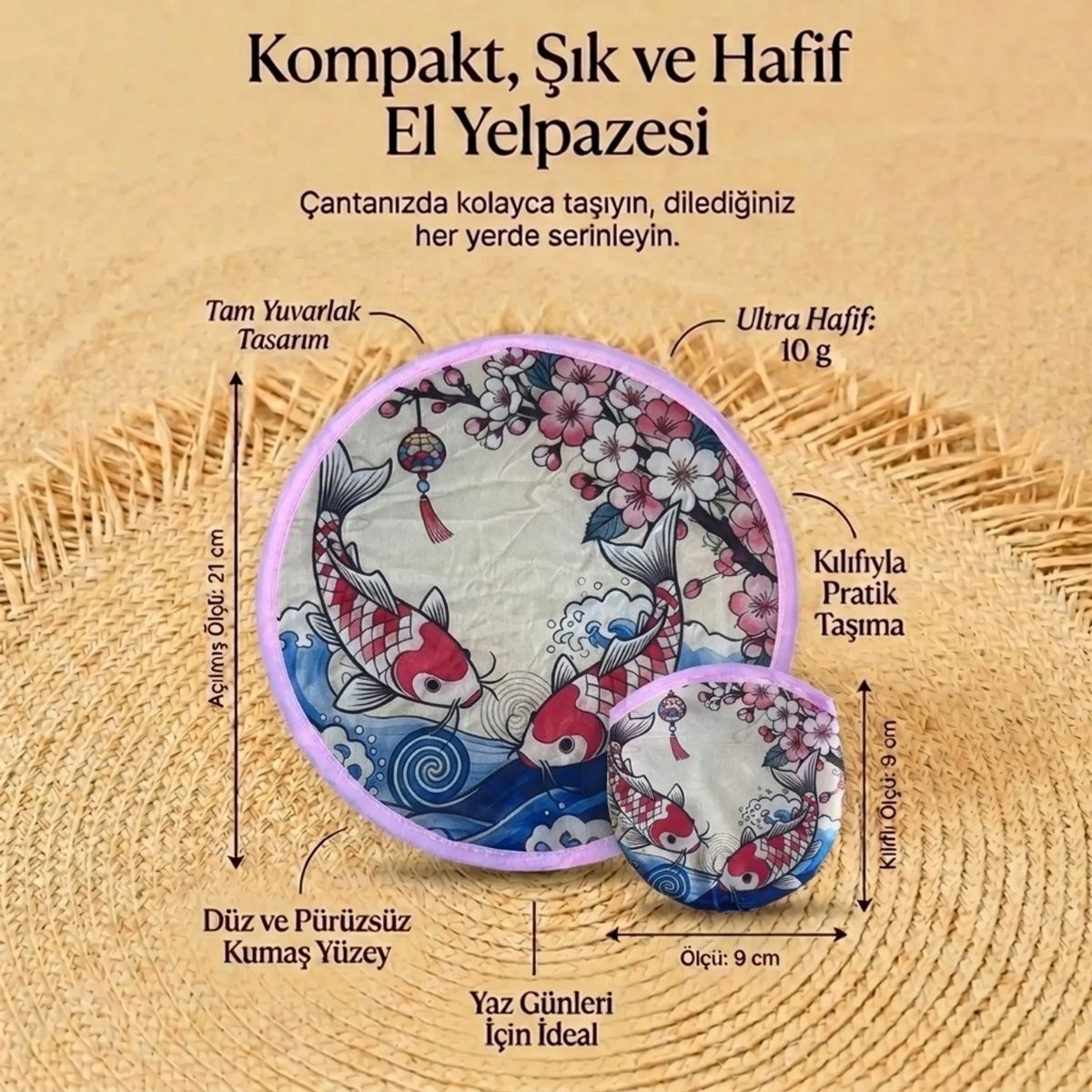 Koi Balığı ve Kiraz Çiçeği Desenli Pratik Katlanabilir El Yelpazesi –Japon Stili Kılıflı Yuvarlak Pratik Otomatik Açılıp Kapanan Cep Yelpazesi — Veyo — görsel 5