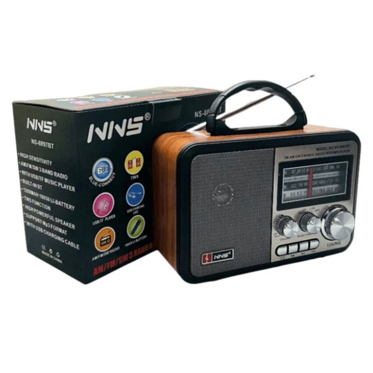 Orta Boy Retro, Nostaljik, Ahşap Tasarım Bluetooth Hoparlörlü, Şarjlı, Taşınabilir FM/AM Destekli Radyo NS-8897 — Veyo — görsel 2