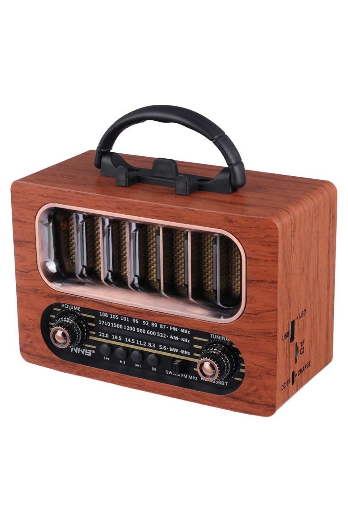 Orta Boy Retro Ahşap Tasarım Bluetooth Hoparlörlü Radyo – FM/AM Destekli, Şarjlı ve Taşınabiliri Radyo NS-6636 — Veyo — görsel 6