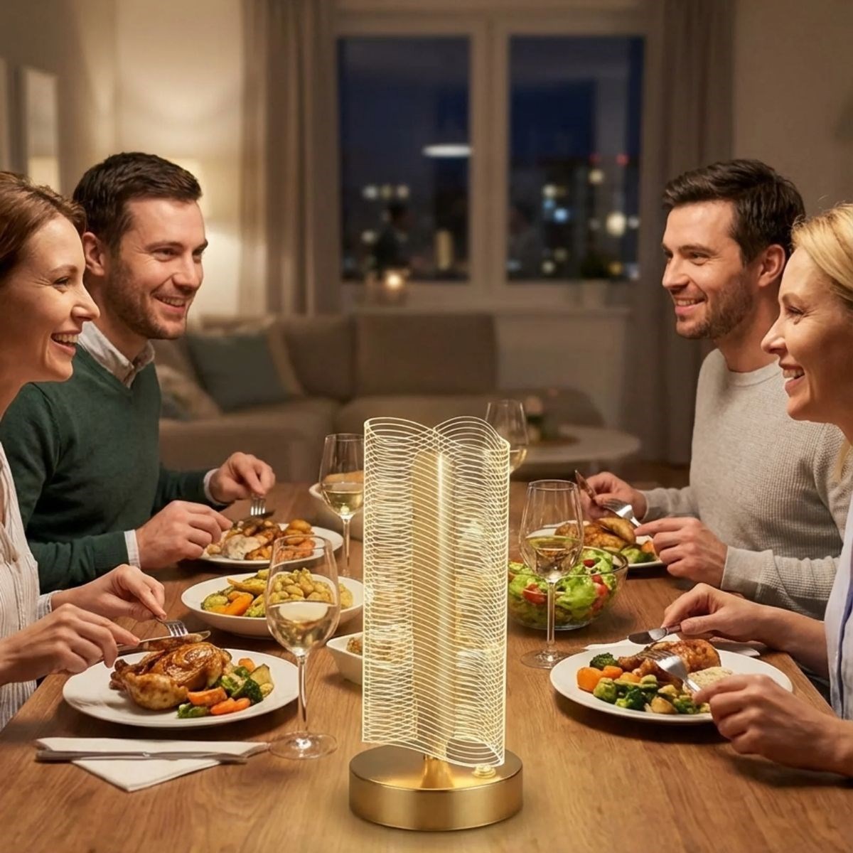 Dalgalı Silindirik Kristal Çizgili Model LED Masa Lambası – Gold Tabanlı, Dokunmatik, 3 Renk Işık Modlu, Şarjlı Modern Dekoratif Gece Lambası — Veyo — görsel 3