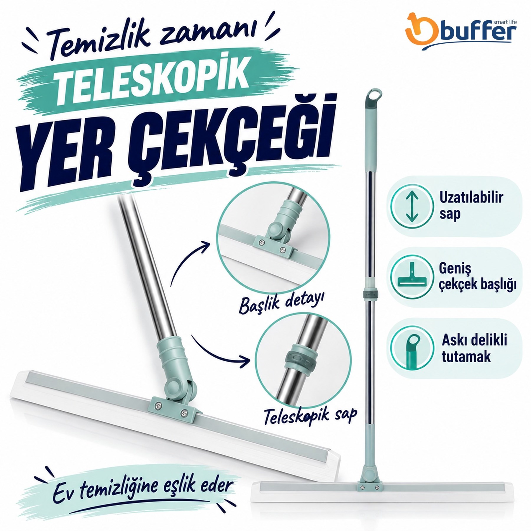 Teleskopik Yer Çekçek Cam ve Zemin Silme Aparatı Oynar Başlıklı Silikon Uçlu Pratik Temizlik