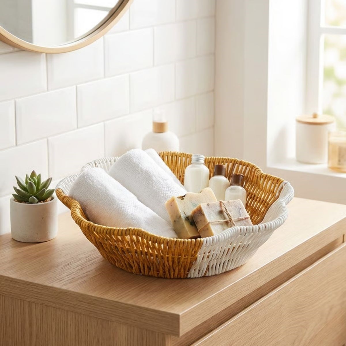 Çiçek Model Çift Renkli Plastik Rattan Ekmek ve Meyve Sepeti - Çok Amaçlı Banyo ve Mutfak Düzenleyici - Yıkanabilir Organizer — Veyo — görsel 2