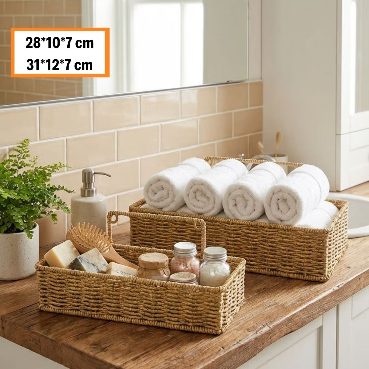 2’li Duvar Askılı Plastik Rattan Organizer – Dikdörtgen Hasır Görünümlü Mutfak Raf Sepeti, Banyo ve Ev İçi Düzenleme Ünitesi — Veyo — görsel 5