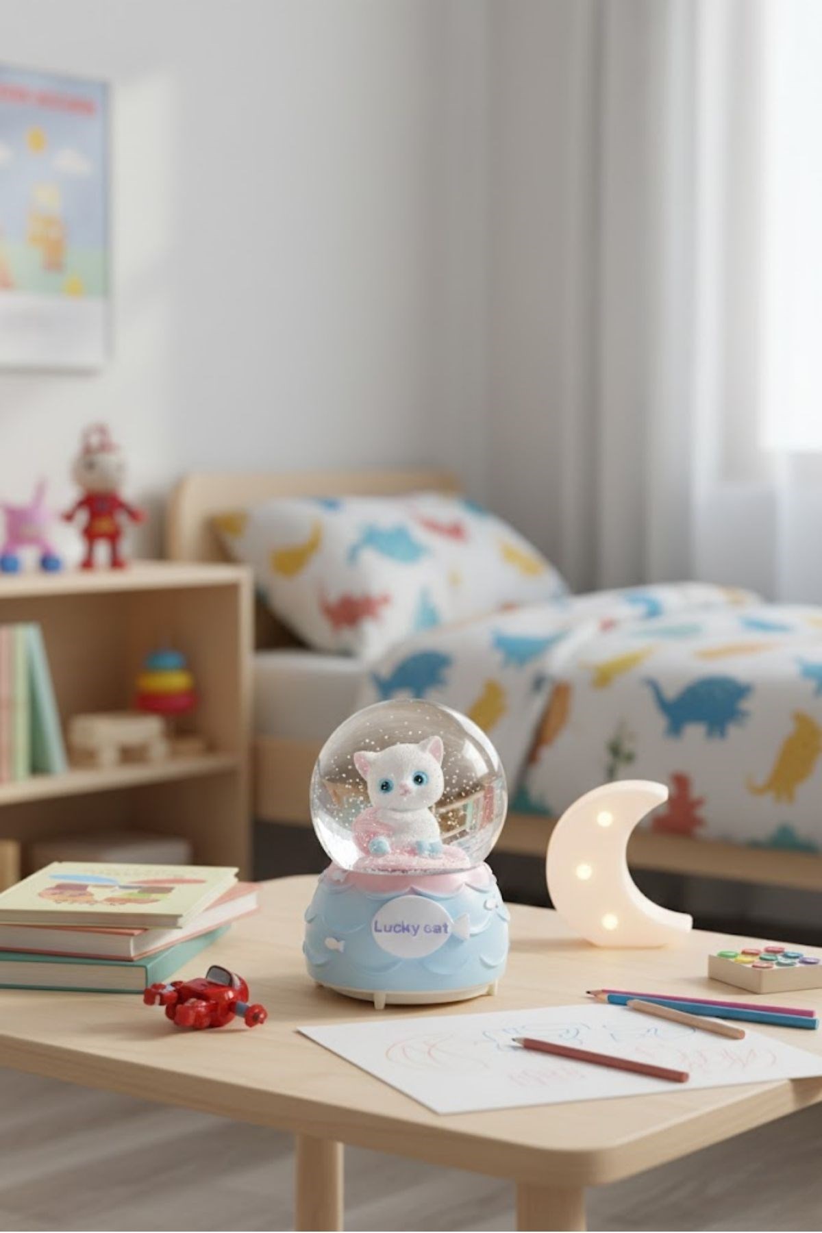 Pilli Işıklı Müzikli Kar Küresi–Şanslı Toplu Kedi Figürlü Eğlenceli Masaüstü Biblo, LED Aydınlatmalı Dekoratif Hediyelik Kar Küresi — Veyo — görsel 7