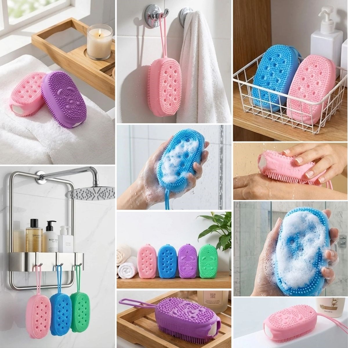 Peeling Etkili Süngerli Silikon Banyo Lifi – Asma Kancalı Duş Kesesi — Veyo — görsel 2