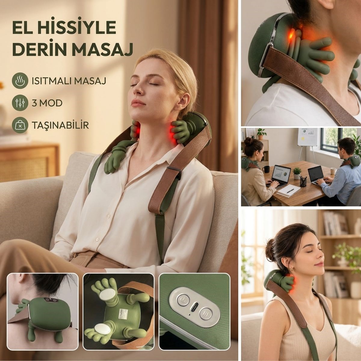 Şarjlı Isıtmalı Boyun ve Omuz Masaj Aleti Parmak Hareketini Taklit Eden Yoğurma Masaj Cihazı — Veyo — görsel 5
