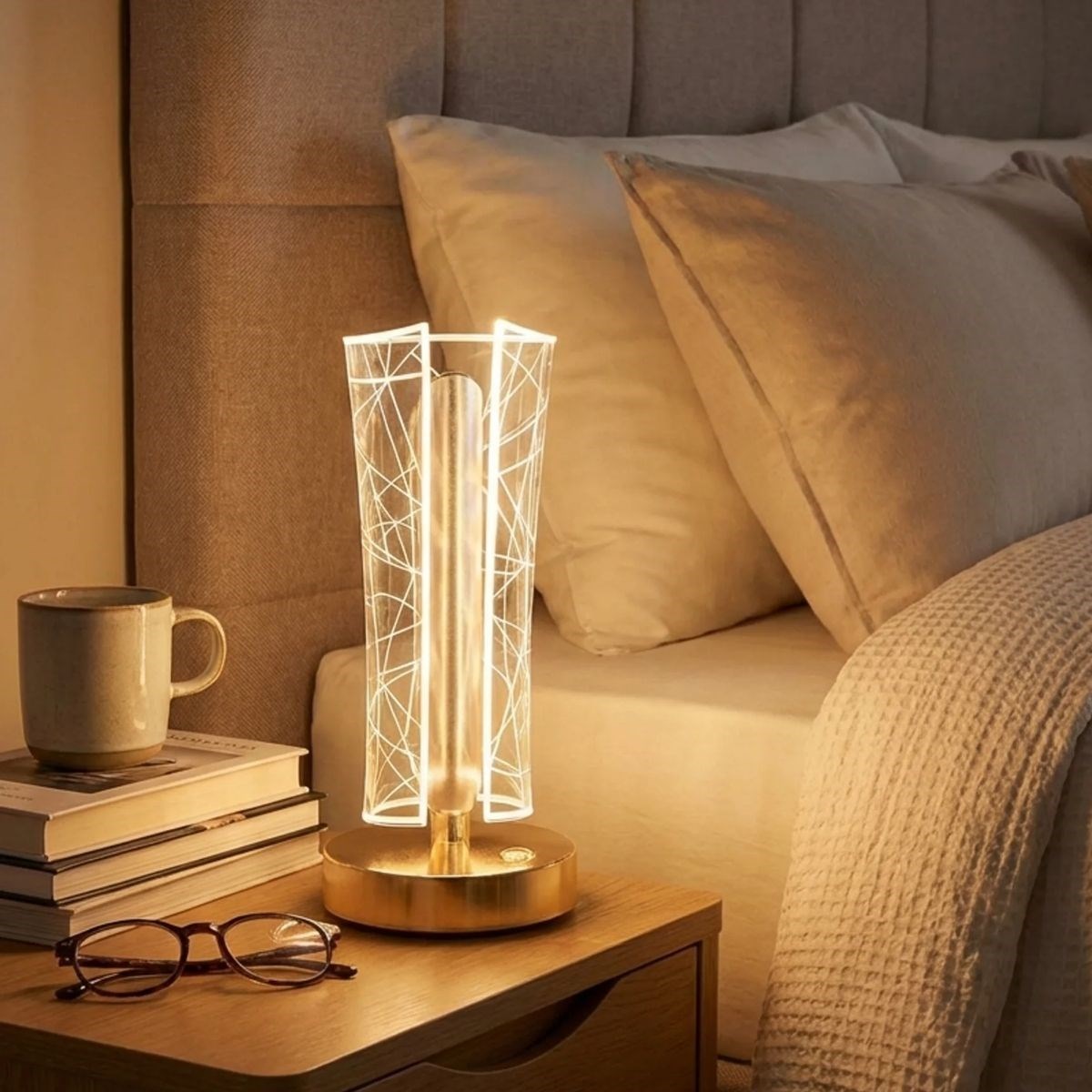 İki Yandan Kavisli Silindirik Geometrik Çizgi Model Kristal LED Masa Lambası – Dokunmatik, 3 Renk Işık Modlu, Şarjlı Dekoratif Gece Lambası — Veyo — görsel 3